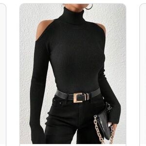 cache open shoulder black knit turtleneck  Cold Shoulder Turtleneck Sweater